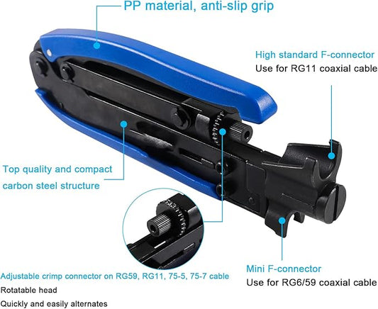 Coax Cable Crimper Tool Kit Coaxial Cable Crimping Tool Adjustable RG6 RG59 RG11 75-5 75-7 Coaxial Cable Stripper with 5PCS RG6 F Type Connector + 5PCS Coaxial Extension Adapter