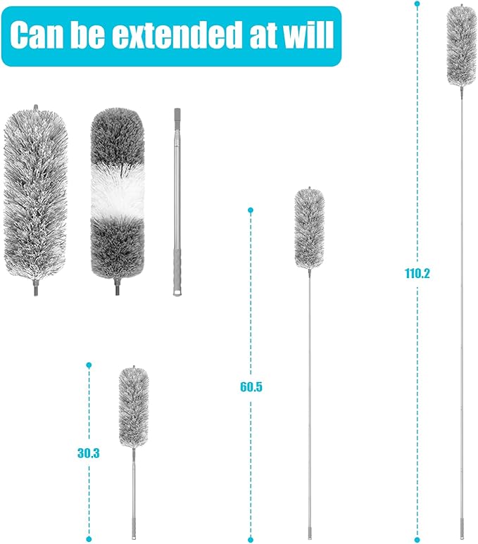 Feather Duster for Cleaning Extendable - Feather Duster for Cleaning The Indoor. 110 in Long Duster with Extension Pole for Clean Ceilings and Fans. Microfiber Duster for Blinds. Washable Dduster.