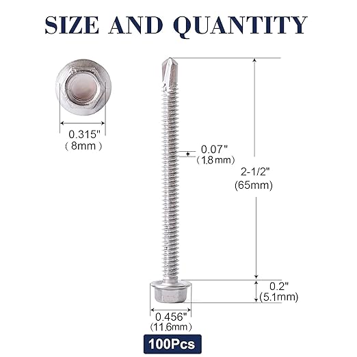 #12 x 2-1/2" Sheet Metal Screws 100PCS 410 Stainless Steel Hex Washer Head Fast Self Tapping Screws by SG TZH