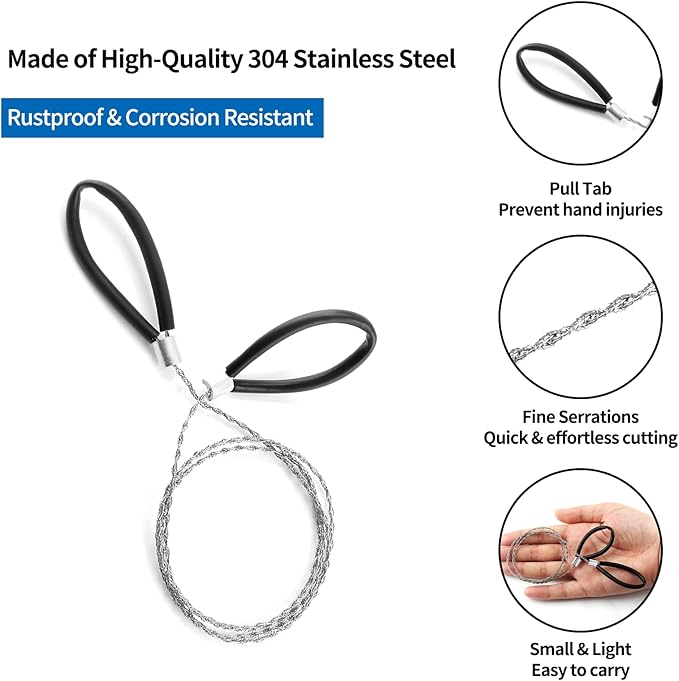 Bivethoi 3 Pack Stainless Steel Wire Saw Emergency Saw Kit, Camping Wire Saw Mini Backpacking Saw, Cable Cutting String Bone Rope Saw, Travel Chainsaw for Wood Cutting Hiking Hunting (Wire Handle)