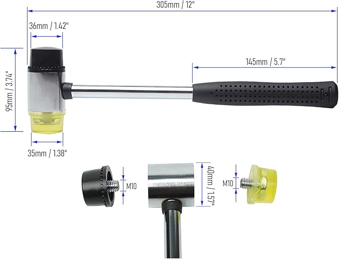 40mm 18oz Double-Faced Rubber Hammer with 4 Soft/Hard Tips Mallet Non-Slip Grip for Leather Crafts, Woodworking and Flooring Installation（Black and Yellow）