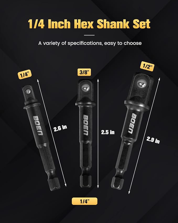 BOEN Impact Grade Socket Adapter Set, 3-PCS Drill Bit Adapter with Bit Holder, Sizes 1/4", 3/8", 1/2", 1/4-Inch SAE Hex Shank, Cr-V with Black Phosphate Finish