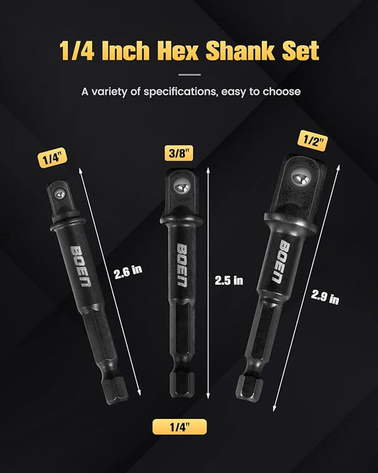 BOEN Impact Grade Socket Adapter Set, 3-PCS Drill Bit Adapter with Bit Holder, Sizes 1/4", 3/8", 1/2", 1/4-Inch SAE Hex Shank, Cr-V with Black Phosphate Finish