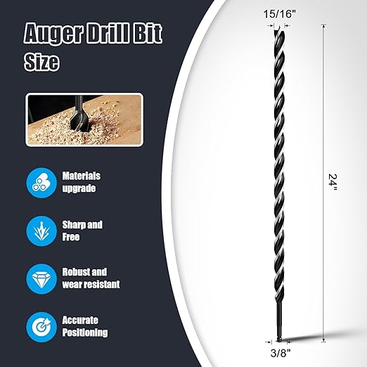 15/16" x 24" Auger Drill Bit for Wood, Hex Shank Tri Flute Ship Auger Long Drill Bit for Soft and Hard Wood,Tree Stump,Plastic,Drywall and Composite Materials