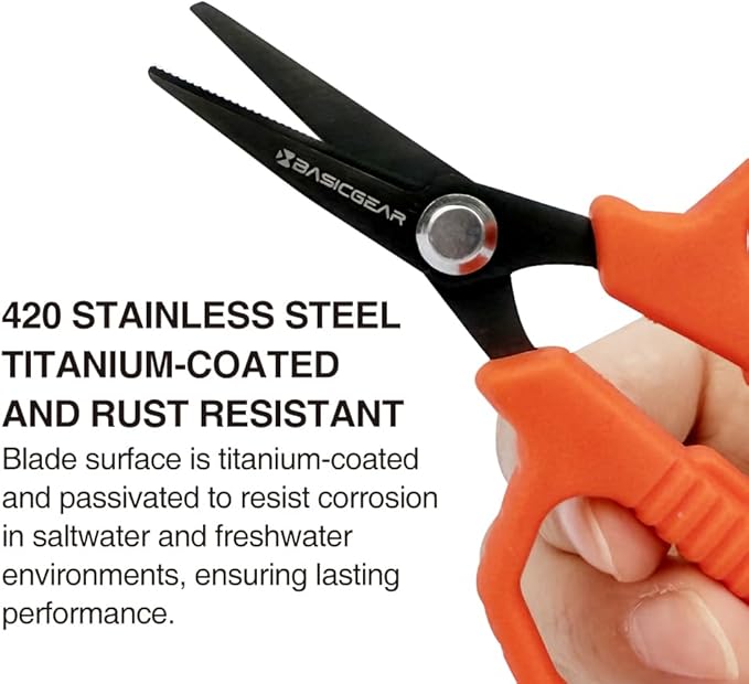 BasicGear Fishing Multi-Tool Scissors ??Titanium-Coated, Stainless Steel, Multi-Tool Cutter with Hook Adjuster, Screwdriver, Bottle Opener, Sheath & Non-Slip Grip for Saltwater or Freshwater Use