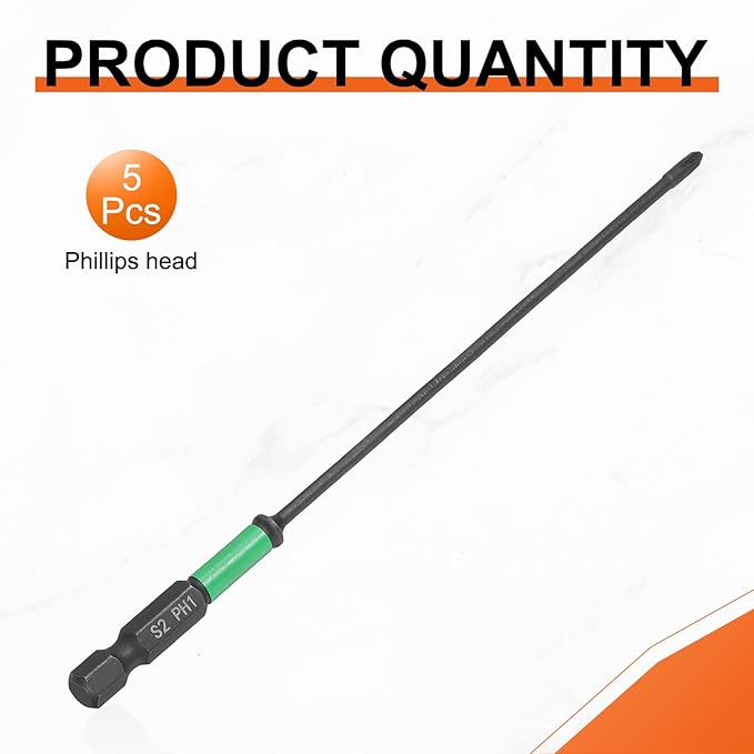 HARFINGTON 5pcs #1 Impact Phillips Screwdriver Bit PH1 1/4" Hex Shank 6" (150mm) Length 0.1" Rod Magnetic Cross Head Drill Bits S2 Steel Industrial Screw Drivers for Impact Power Tools