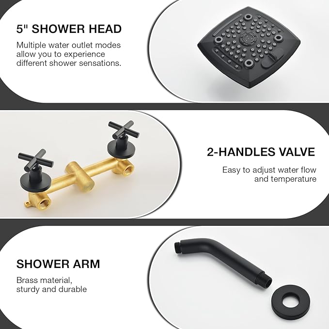 2 Handle Shower Faucet Set 6-Spray Shower Head and Handle Set Shower Trim Kit with Rough-in Valve Bathroom Shower Faucet Valve Trim Kit Matte Black