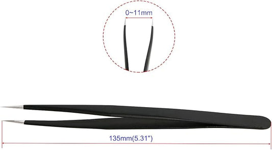 Aoje-Link ESD-12 Professional Anti-Static Precision Technology Tweezers, Non-magnetic Fine Tip Straight, Stainless Steel Plastic Coated, Full Length 135mm, Black, 2pcs