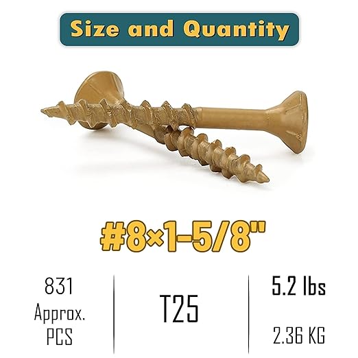 WELLOCKS Deck Screws, Wood Screws, Tan, Superior Rust Resistant, Epoxy Coated, Above 1000 Hour Salt Spray Coating T25 Torx Star Bit Included for Outdoor Wood Fence (5.2LBS Tan, #8횞1-5/8")