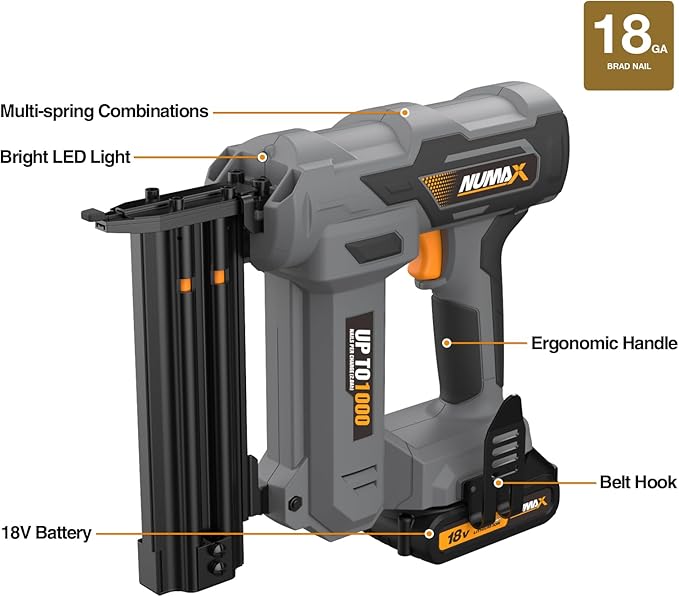 NuMax 18V Cordless Brad Nailer,18 Gauge Brad Nail Gun with Battery, Charger & 500 Nails | Drives 1000 Shots Per Charge | Compatible with 3/8"??" Brad Nails | S18VBR50