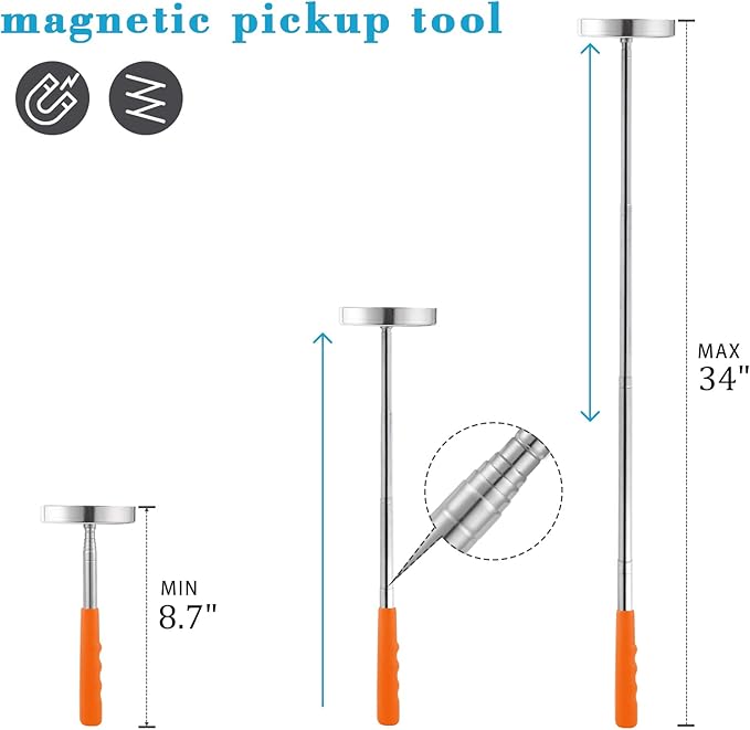 Telescoping Magnetic Sweeper Pickup Tool, Screws Parts Finder with 35LB Pull Capacity, Retractable 8.6" to 33" with Strong Magnet, Pick up Nails, Screws, and Metal Parts, Orange