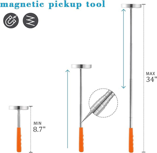 Telescoping Magnetic Sweeper Pickup Tool, Screws Parts Finder with 35LB Pull Capacity, Retractable 8.6" to 33" with Strong Magnet, Pick up Nails, Screws, and Metal Parts, Orange