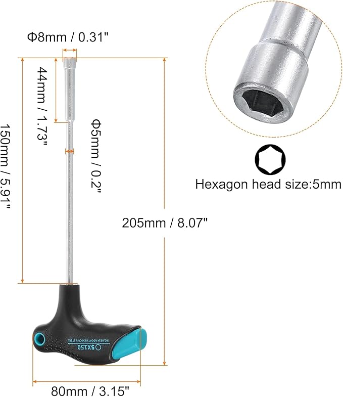 HARFINGTON T-Handle Metric Nut Driver 5mm Dia 15mm Shank 6 Point Hex Socket Screwdriver with Non-Slip Handle for Tightening and Loosening Fasteners