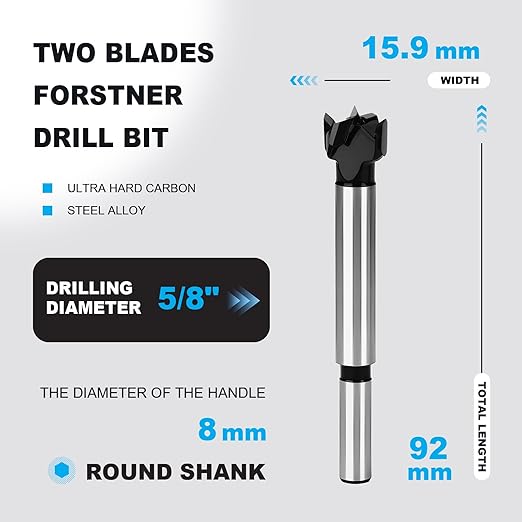 5/8 Inch Forstner Drill Bit Carbide Tipped,Woodworking Hinge Cutter for Precise Flat Bottom Holes in Hard Wood,Plywood,Plastic - Professional Grade