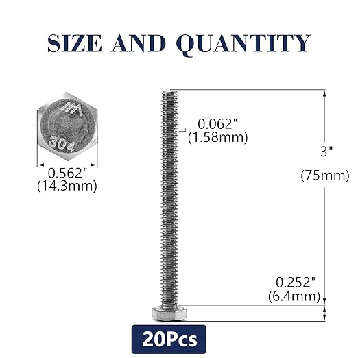 3/8-16 x 3 Hex Head Screw Bolt, 20Pcs 18-8 (304) Stainless Steel, Fully Threaded, Plain Finish, by SG TZH
