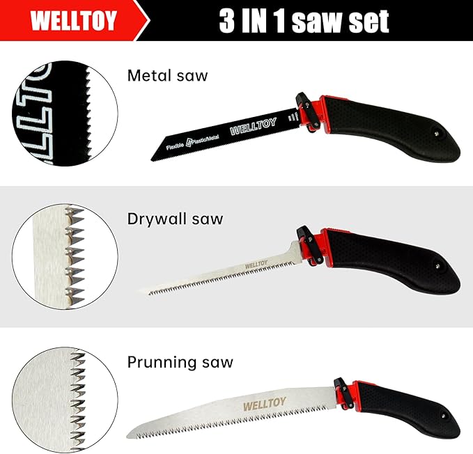 3-in-1 Multi Blades Hand Saw,18 TPI Bi-Metal blade,Drywall Saw with TPR Handle,Blade Quick-Change Mechanism for Cutting Drywall, Sheetrock, Wood, Metal, Plastic and Plywood.