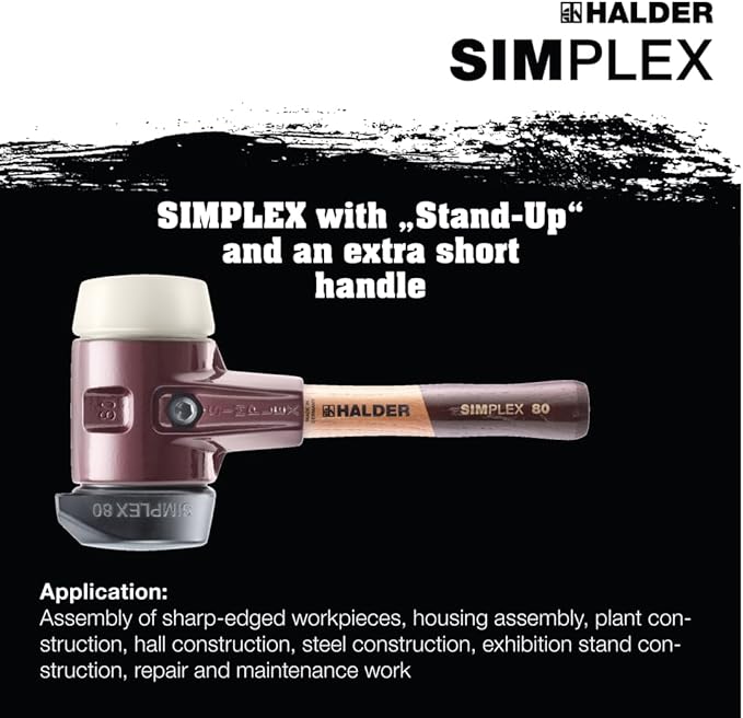 Halder Simplex Soft-Faced Mallet 3028.282 - Medium-Hard "Stand-Up" Rubber Insert, Nylon Insert, Cast Iron Housing with Handle Protection Sleeve, Extra Short Hickory Handle, 80mm, 6.2 lbs.