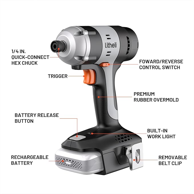 Litheli 20V Cordless Impact Driver Kit, 1593 in-lbs Max Torque, 1/4 in. Hex Power Drill/Driver Set with Battery