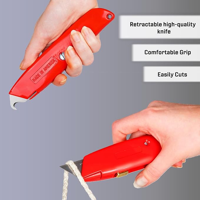 Canopus Heavy Duty Utility Knife with Utility and Hook Blades, All Metal Retractable Box Cutter, Carpet Knife, Shingle Cutter Roofing Knife, Combo Pack, Red, Made in USA