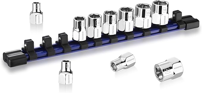 WORKPRO 3/8" Drive Socket Set, 10-Piece Metric CR-V Socket Set with Sturdy Socket Organizer, 6-Point Standard & Shallow Sockets 7mm to 17mm, External Hex Socket Set with Socket Rail for Anti Rolling