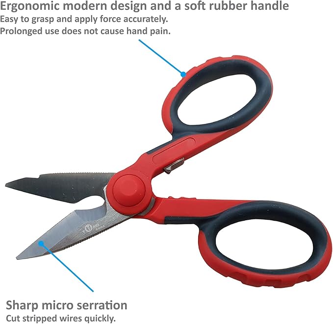 5 1/2" Electricians Scissors, Stainless Steel Sharp Blades and Soft Rubber Grip, Professional Electrician Shears for cutting Solid Copper Wire, Insulated cable, Thick Rope & More. Crimp Wire