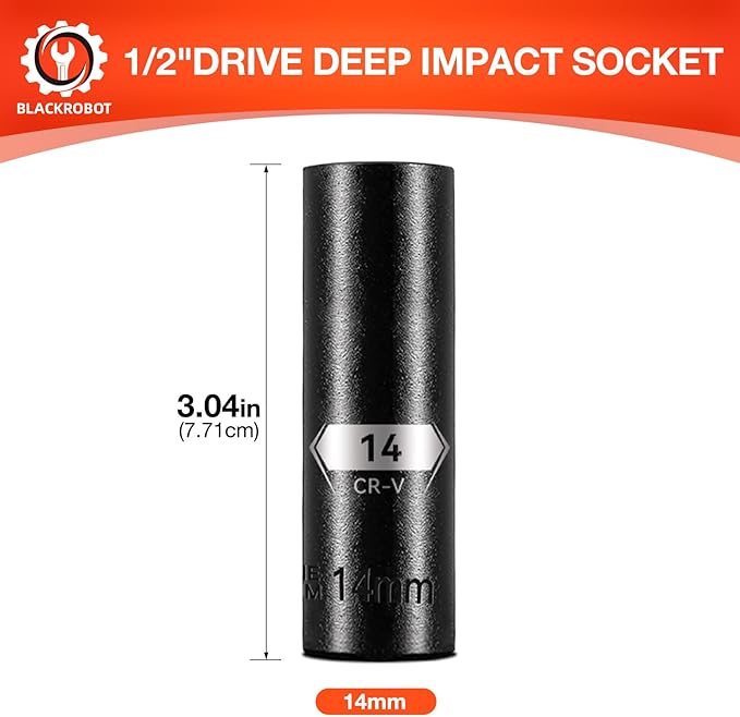 BLACKROBOT 1/2 Inch Drive 6-Point Deep Socket, 14mm Deep Impact Socket, CR-V Steel