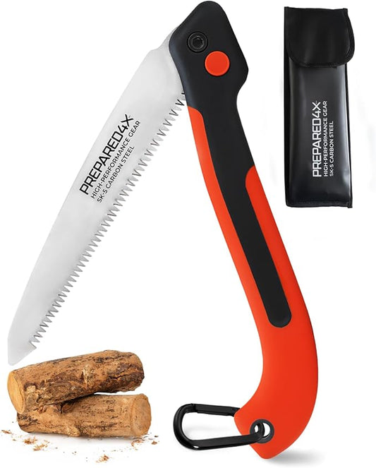 Prepared4X Folding Saw - 8.5" Camping Saw for wood cutting -Heavy Duty, Lightweight SK-5 Steel Blade with Safety Lock, Ergonomic Non-Slip Grip