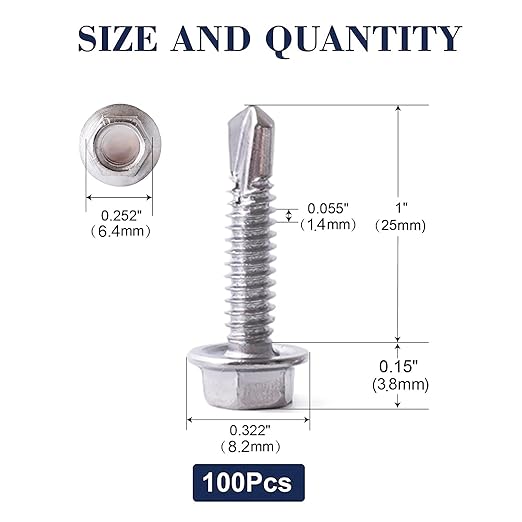 #8 x 1 Sheet Metal Screws 100PCS 410 Stainless Steel Hex Washer Head Fast Self Tapping Screws by SG TZH