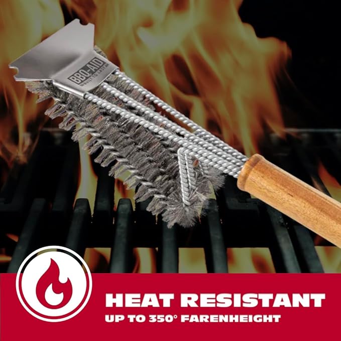 BBQ-AID All Angles BBQ Grill Brush for Outdoor Grill ??Cleans All Angles, Large Wooden Handle, and Stainless Steel Bristles - BBQ Brush for Grill Cleaning ??Grill Cleaner Brush Safe for BBQ and Grill