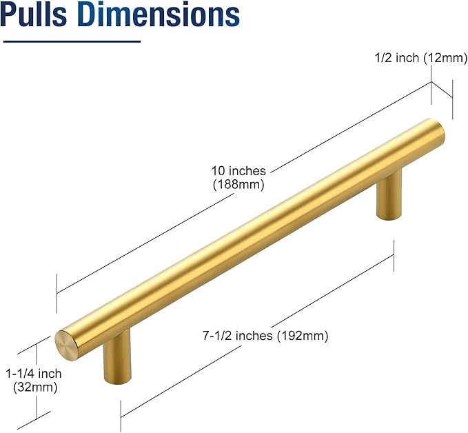 JOY DECOR 10 Pack 10 Inch Cabinet Pulls Kitchen Cabinet Handles with 7-1/2 Inch Hole Center Brushed Brass Cabinet Hardware Stainless Steel Kitchen Drawer Pulls 192mm Hole Centers