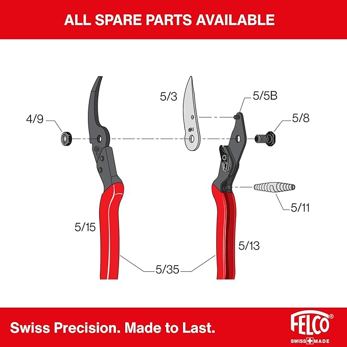 Felco F5 Pruning Shears – 8.9" Swiss-Made Garden Clippers with Revolving Handle | Hand Pruners for Gardening | Garden Tool Cutter with Precision Bypass Blade, Forged Aluminum Body, Replaceable Parts