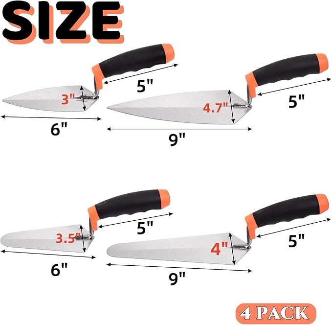 4 Pack 6" Masonry Hand Tool Set, Pointing Trowel Gauging Trowel Set with Rubber Grip, Carbon Steel Masonry Brick Trowels, Bricklaying Trowels for Concrete Cement Plaster Mortar Stucco Tile