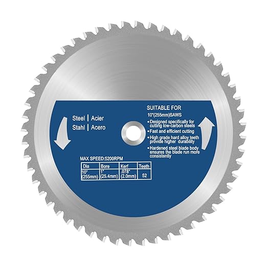 10 Inch Metal Cutting Saw Blade,Replacement for Evolution 10BLADEST Blade for Cutting Mild Steel and Ferrous Metals,52 Teeth,1 Inch Arbor,Compatible with Evolution Rage3,Rage3 DB Miter Saw
