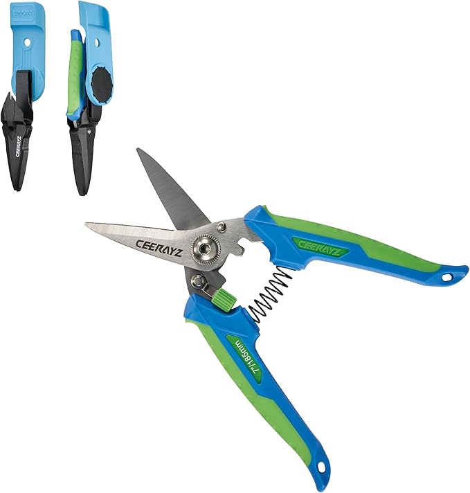 7" Scissors All Purpose, Heavy Duty, Multipurpose, for DIY Projects, Office, Production Lines, Pruning, with Protective Sheath and Magnetic Holder (Blue/Green)