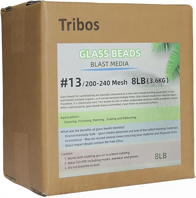 Glass Bead Media for Sandblasting ??8LB Non-Silica Reusable Blasting Abrasive for Rust Removal & Surface Finishing ??Multiple Mesh Options #13(200~240Mesh)