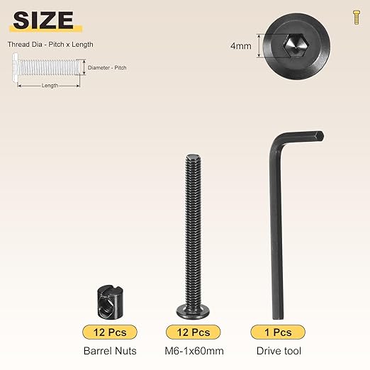 METALLIXITY Furniture Crib Screws Replacement Set with Wrench(M6-1x60mm) 24Pcs, Galvanization Connector Bolts M6 Screw Barrel Nuts Binding Screw, for Chair Cabinet Bed, Black