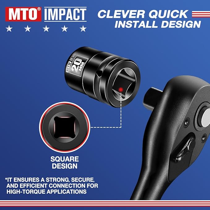 MTO 1/2" Drive 20mm Shallow Impact Socket, 6-Point Metric Socket, CR-MO Steel & Anti-Corrosion Coating for Tight Spaces and Heavy-Duty Tasks