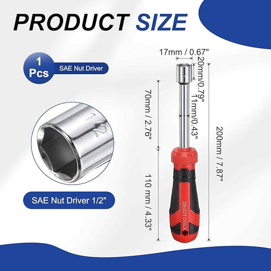 HARFINGTON SAE Nut Driver 1/2" CR-V Non-Magnetic Tip Hollow Shafts Hex Socket Screwdriver with Anti-Slip Handle for Automobile Repair Bit Driver