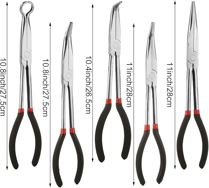 RHBLME 5 Pack Needle Nose Pliers Set, 11 Inch Long Needle Nose Pliers Set, 11" Long Reach Straight Pliers, 45/90 Degree Bent Nose Pliers,Diagonal Pliers and O-shape Tip Craft Repairing Tool