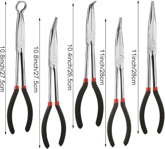 RHBLME 5 Pack Needle Nose Pliers Set, 11 Inch Long Needle Nose Pliers Set, 11" Long Reach Straight Pliers, 45/90 Degree Bent Nose Pliers,Diagonal Pliers and O-shape Tip Craft Repairing Tool