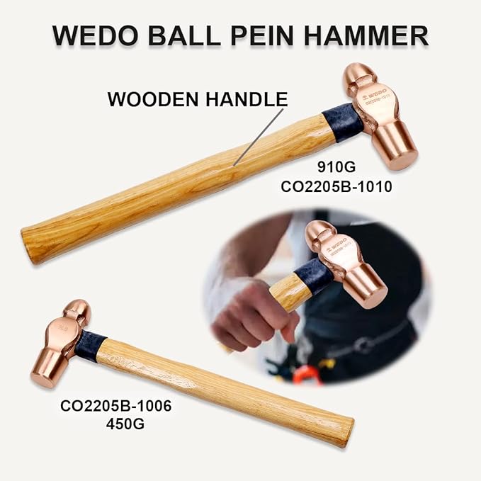WEDO Copper Hammer Set 5PCS Sledge Hammer (3lb) Drum Type Hammer (1-1/2lb) Ball Peen Hammer (1lb&2lb) Scaling Hammer (300g), Long Straight Wooden Handle, Copper Head
