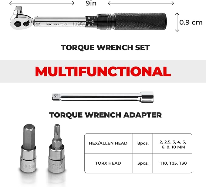 PRO BIKE TOOL Adjustable Torque Wrench Set - High-Precision 1/4 Wrench with 2-20 Nm Range - Complete Bike Tool Kit with Hex, Torx Bits, and Case for Easy Storage