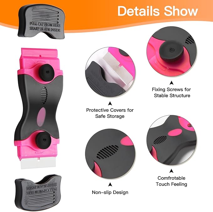 Razor Blade Scraper Tool, Cleaning Scraper Tool with 20Pcs Metal & Plastic Razor Blades, Multi-Purpose Razor Glass Scraper for Windows,Decals,Stickers,Labels,Adhesive,Cooktop,Paint Removal, Pink