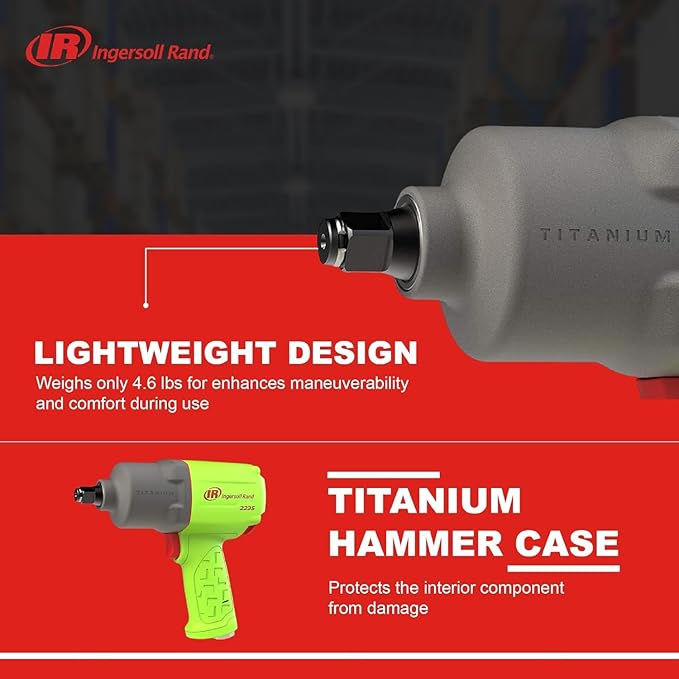 Ingersoll Rand 2235TiMAX-G 1/2" Drive Air Impact Wrench, Lightweight 4.6 lb Design, Powerful Torque Output up to 1,350 ft-lbs, Titanium Hammer Case, Max Control, Green