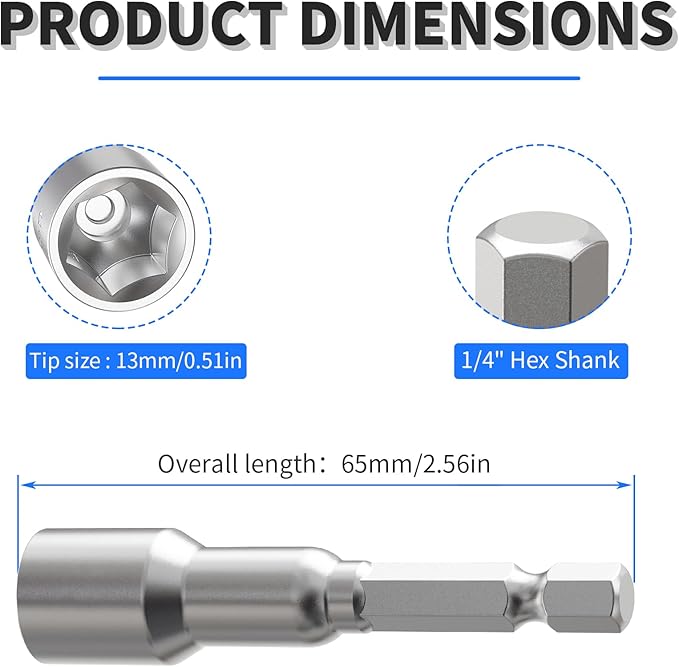 FOCKEAMS 2Pcs 13mm/0.51in Nut Setter Driver Drill Bit,Quick-Change,Impact Nut Driver Kit for Electric Drill,1/4" Hex Shank Drill Socket,65 mm Length Cr-V Adapter Drill Bits,Metric&SAE