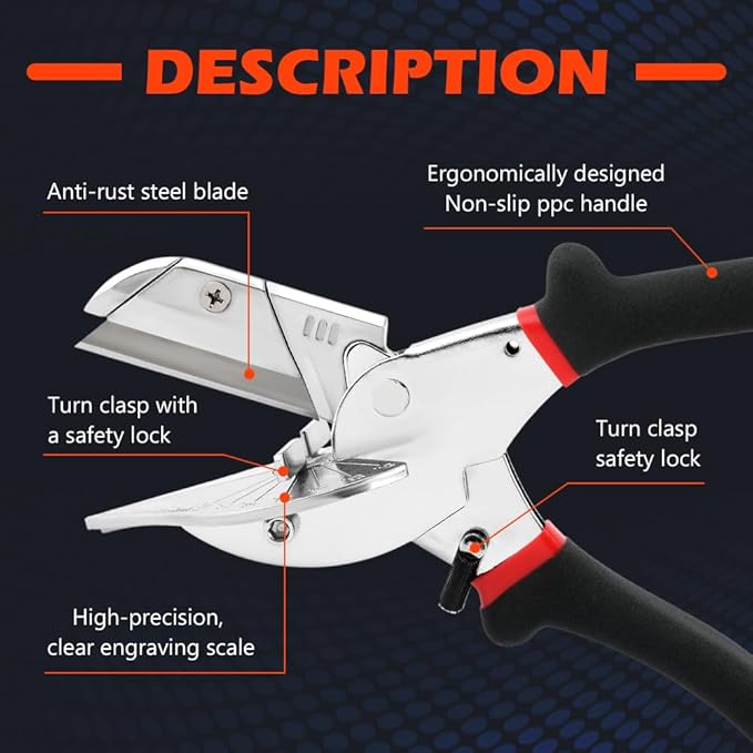 Sharp Multi Angle Miter Shear Wood Cutter,Adjustable at 45 to 135 Degree with Safety Lock Hand Tools for Cutting Plastic, Pvc and Molding Trim
