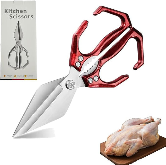 Kitchen Scissors for Food Heavy Duty Poultry Shears Built-In Nutcracker, Japanese High-Carbon Steel Culinary Shears with Ergonomic Handle, All Purpose Kitchen Tool for Chicken, Meat & Seafood (Red)