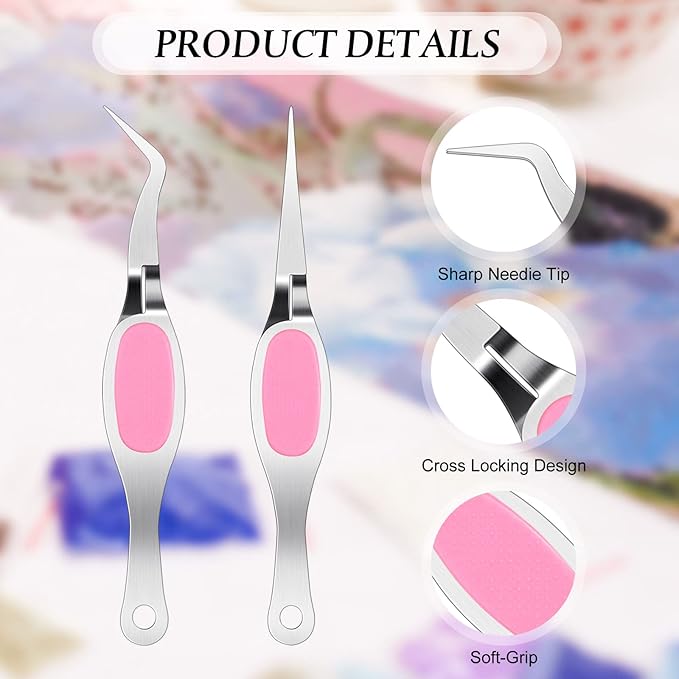 Chumia Reverse Tweezers Craft Crossing Lock Tweezers Reverse Grip Precision Curved Bent Straight Fine Tip for Craft Jewelry Beading Electronic Laboratory Work(Silver and Pink)