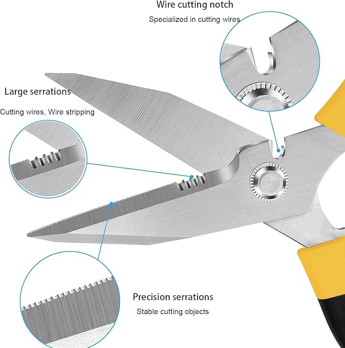 Utility Scissors all Purpose Heavy Duty, 8-Inch sharp Scissors with Protective Cover, Stainless Steel Serrated Blades Cut Cardboard, Wire, Leather, Fabric, Nutcracker - Yellow