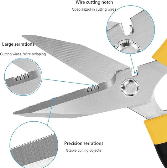 Utility Scissors all Purpose Heavy Duty, 8-Inch sharp Scissors with Protective Cover, Stainless Steel Serrated Blades Cut Cardboard, Wire, Leather, Fabric, Nutcracker - Yellow